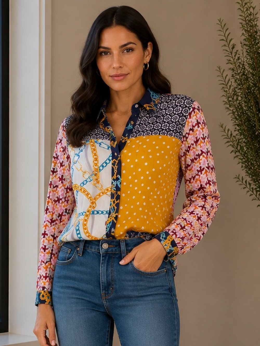 Maeve Polka Dot Chain Airplane Geometric Pattern Yellow Blue Button Down Shirt S